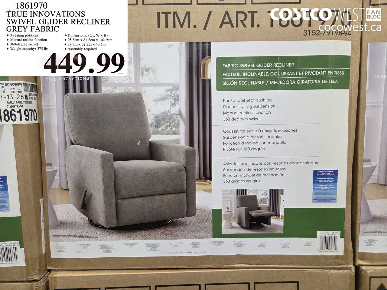 1861970 TRUE INNOVATIONS SWIVEL GLIDER RECLINER GREY FABRIC $449.99