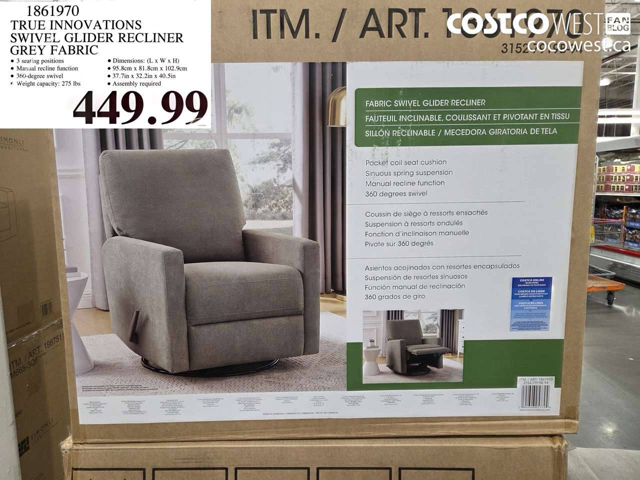 1861970 TRUE INNOVATIONS SWIVEL GLIDER RECLINER GREY FABRIC $449.99