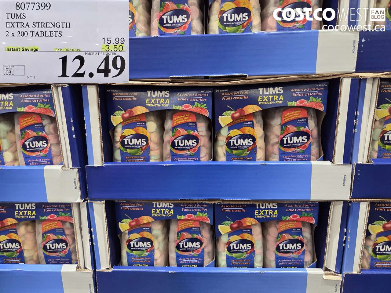 8077399 TUMS EXTRA STRENGTH 2 X 200 TABLETS ($3.50 INSTANT SAVINGS EXPIRES ON 2026-07-19) $12.49