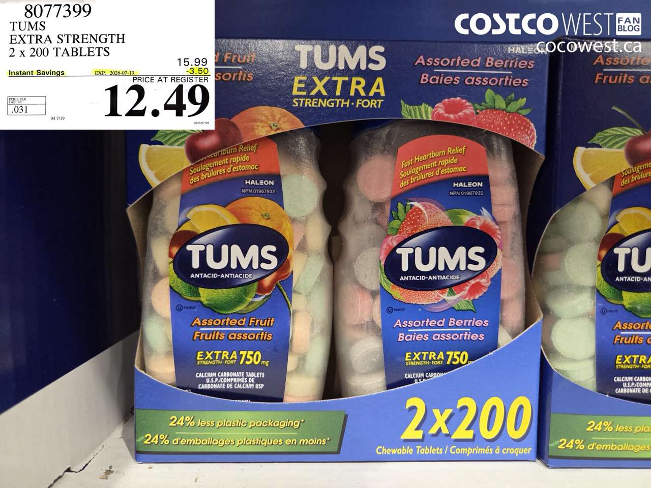 8077399 TUMS EXTRA STRENGTH 2 X 200 TABLETS ($3.50 INSTANT SAVINGS EXPIRES ON 2026-07-19) $12.49