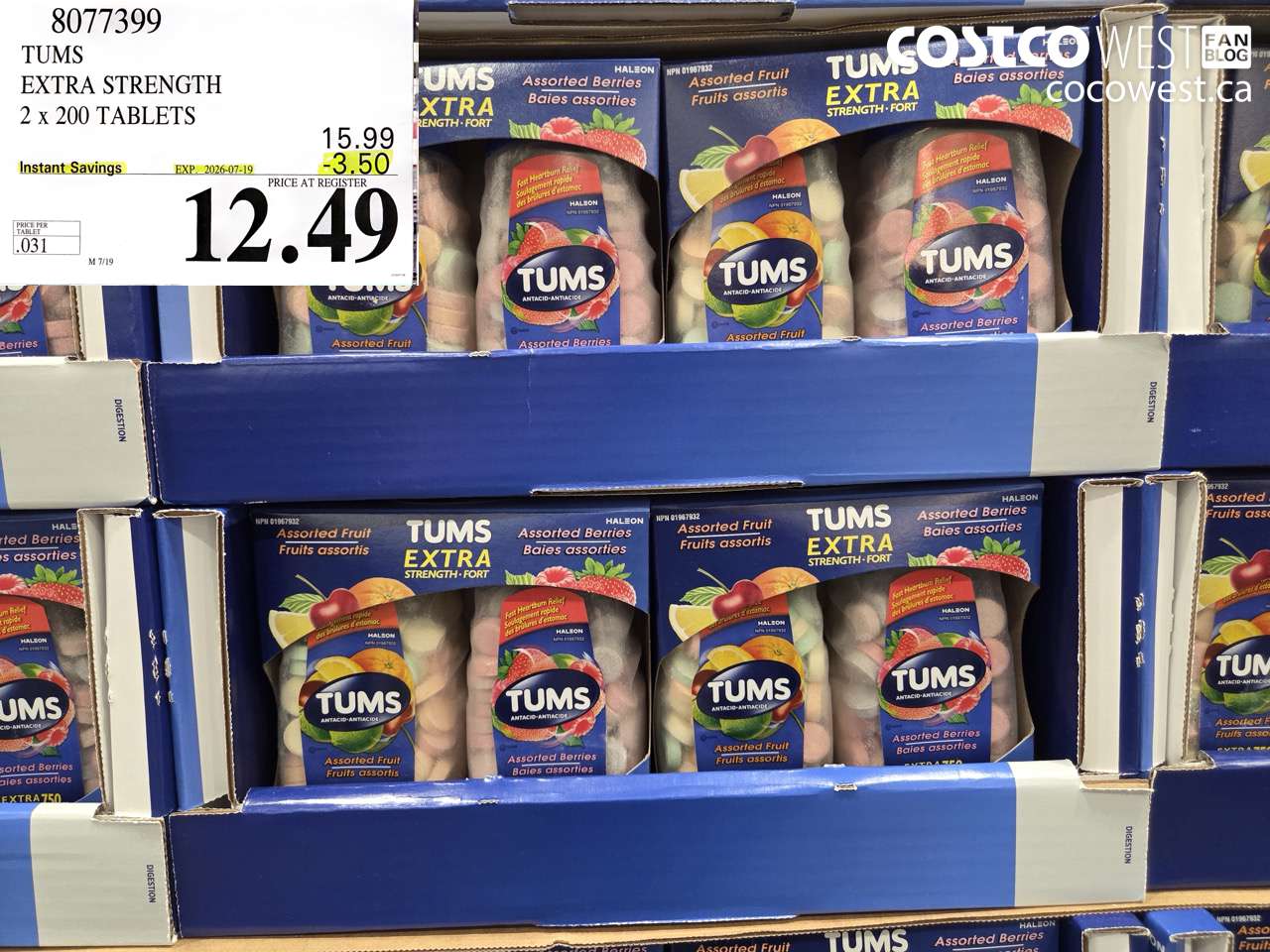 8077399 TUMS EXTRA STRENGTH 2 X 200 TABLETS ($3.50 INSTANT SAVINGS EXPIRES ON 2026-07-19) $12.49