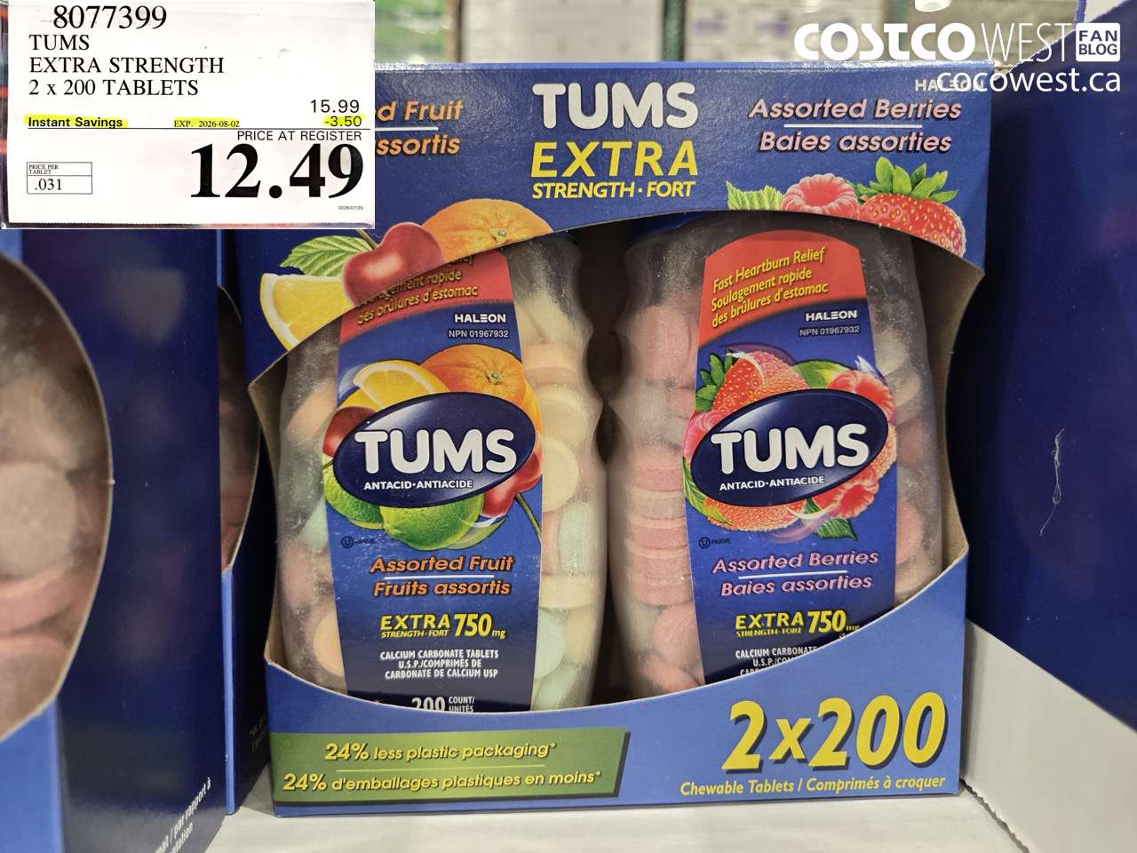 8077399 TUMS EXTRA STRENGTH 2 X 200 TABLETS ($3.50 INSTANT SAVINGS EXPIRES ON 2026-08-02) $12.49
