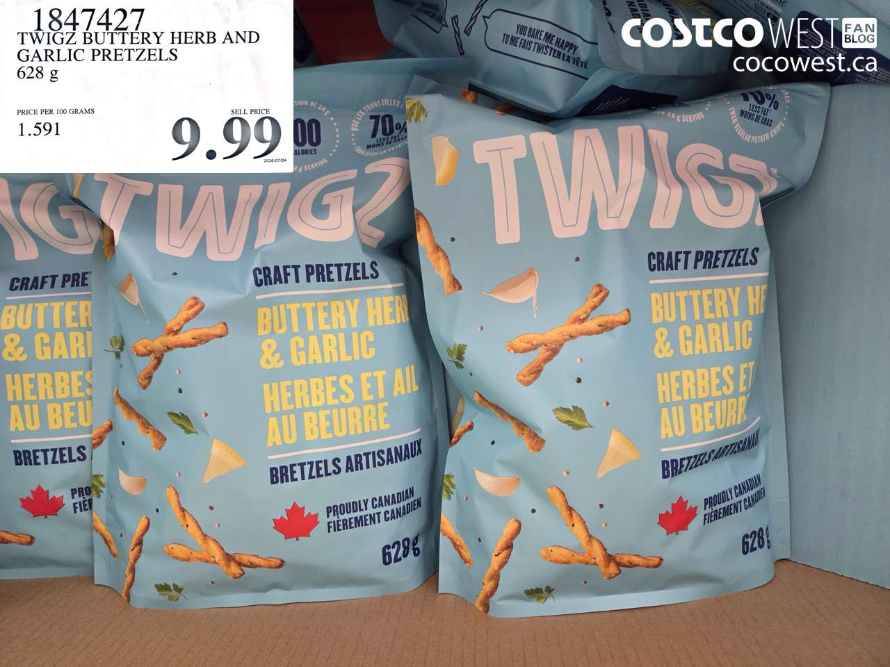 1847427 TWIGZ BUTTERY HERB AND GARLIC PRETZELS 628 G $9.99
