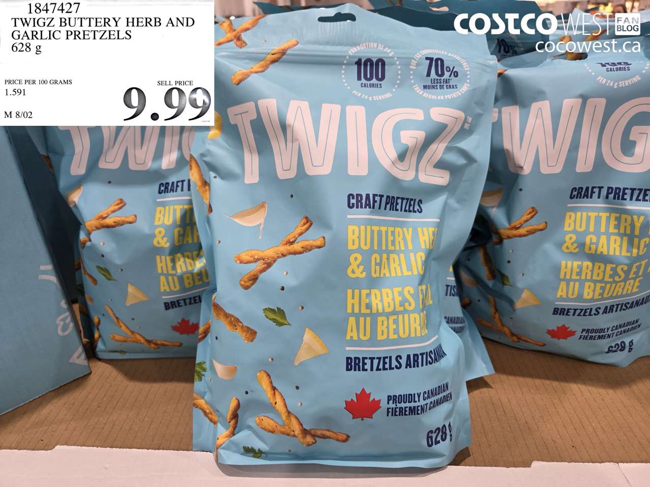 1847427 TWIGZ BUTTERY HERB AND GARLIC PRETZELS 628 G $9.99