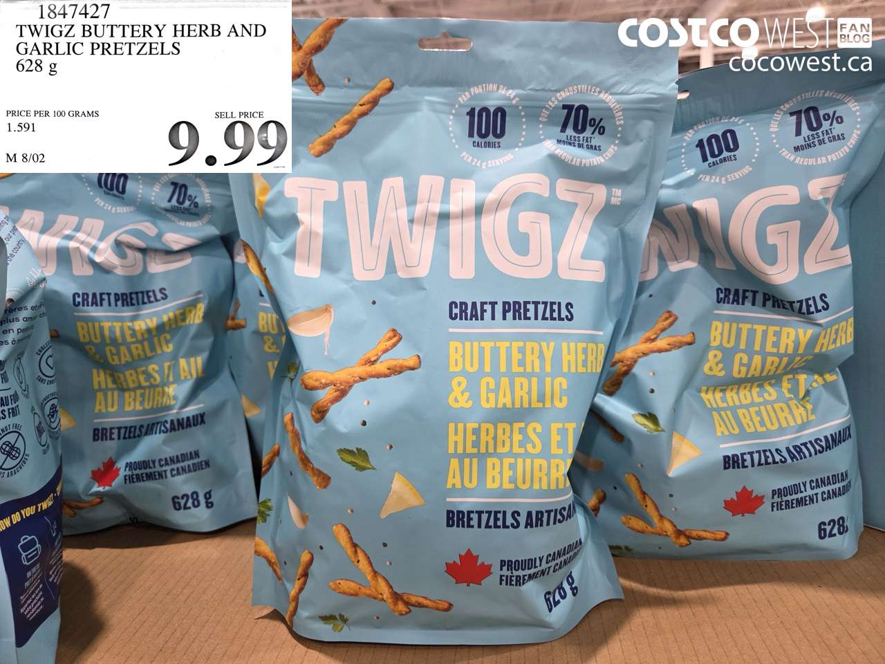 1847427 TWIGZ BUTTERY HERB AND GARLIC PRETZELS 628 G $9.99