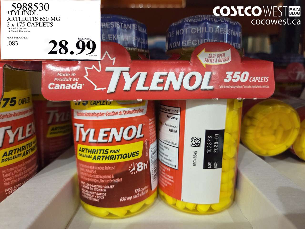 5988530 TYLENOL ARTHRITIS 650 MG 2 X 175 CAPLETS $28.99