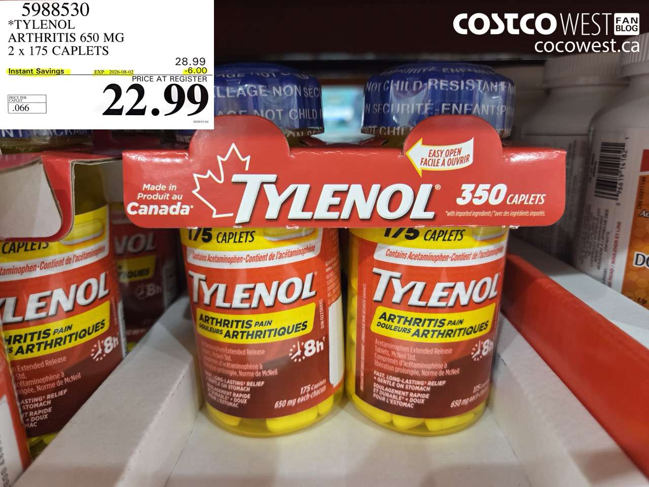5988530 TYLENOL ARTHRITIS 650 MG 2 X 175 CAPLETS ($6.00 INSTANT SAVINGS EXPIRES ON 2026-08-02) $22.99