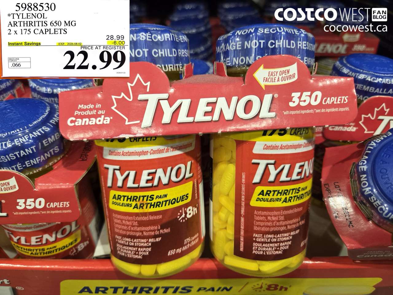 5988530 TYLENOL ARTHRITIS 650 MG 2 X 175 CAPLETS ($6.00 INSTANT SAVINGS EXPIRES ON 2026-08-02) $22.99