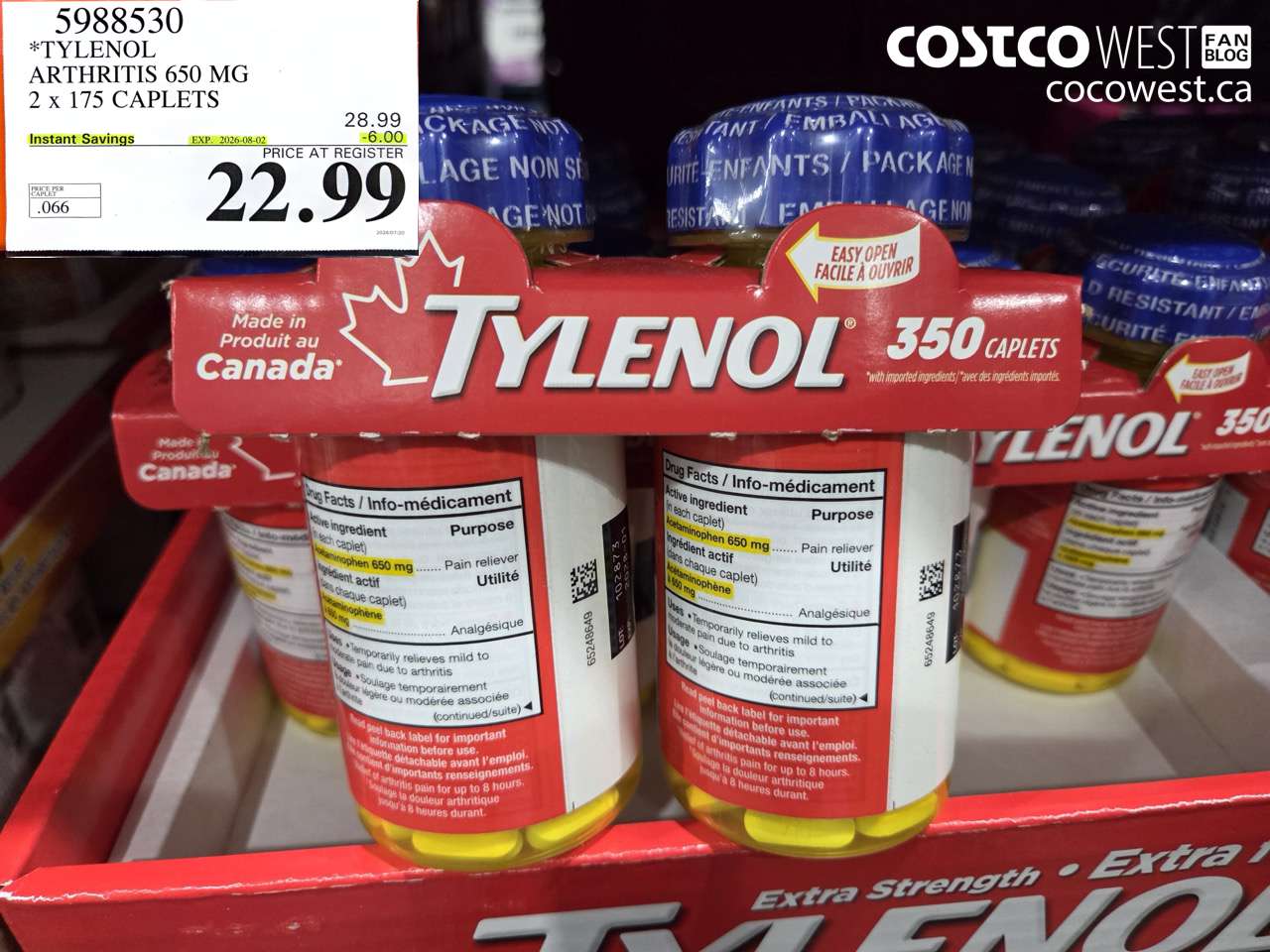 5988530 TYLENOL ARTHRITIS 650 MG 2 X 175 CAPLETS ($6.00 INSTANT SAVINGS EXPIRES ON 2026-08-02) $22.99