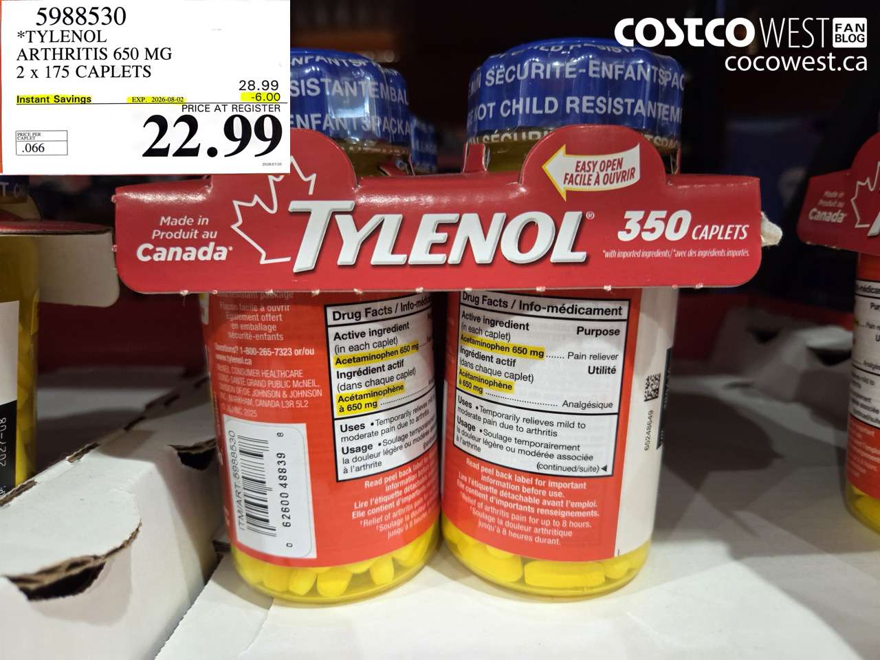 5988530 TYLENOL ARTHRITIS 650 MG 2 X 175 CAPLETS ($6.00 INSTANT SAVINGS EXPIRES ON 2026-08-02) $22.99