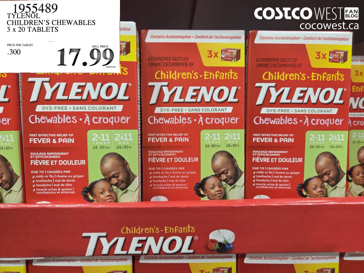 1955489 TYLENOL CHILDREN'S CHEWABLES 3 X 20 TABLETS $17.99