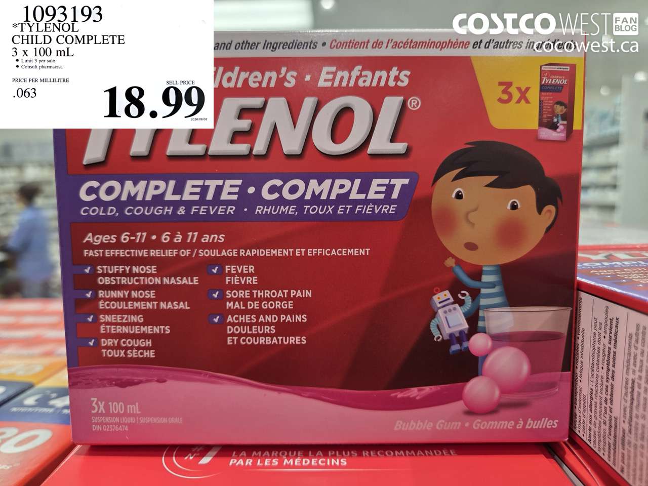 1093193 TYLENOL CHILD COMPLETE 3 X 100 ML $18.99