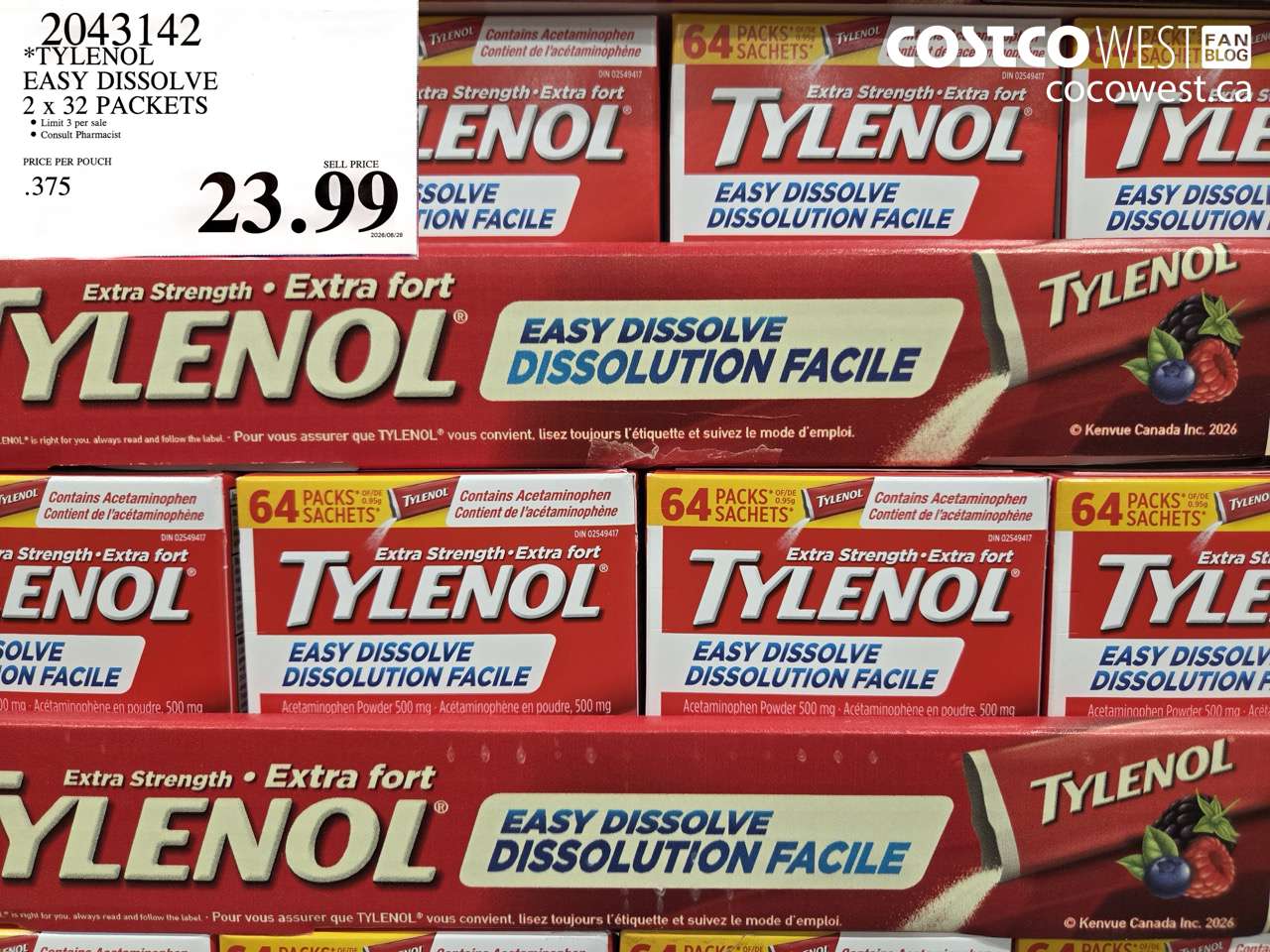 2043142 TYLENOL EASY DISSOLVE 2 X 32 PACKETS $23.99