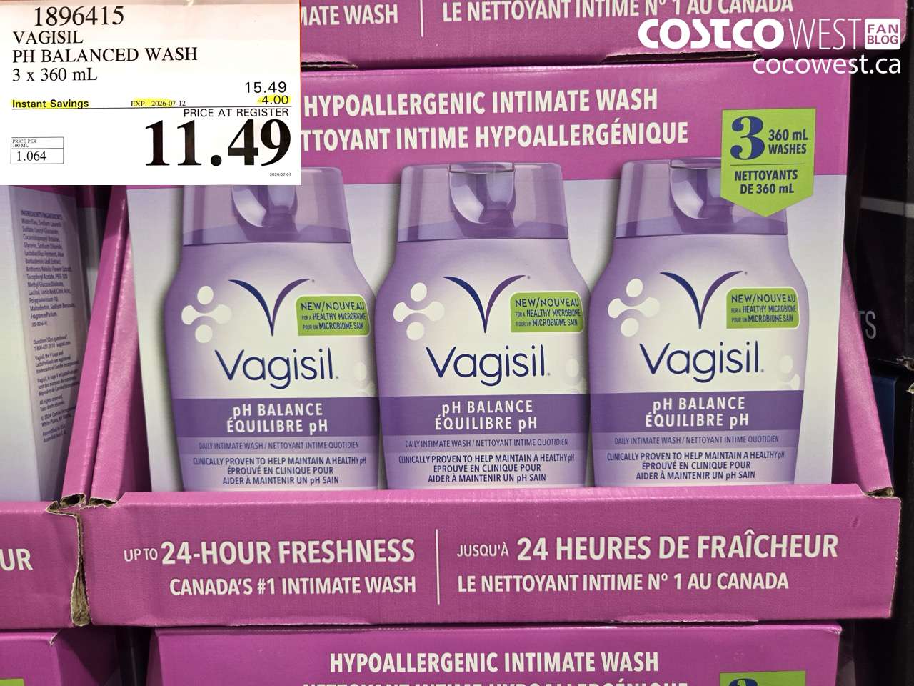 1896415 VAGISIL PH BALANCED WASH 3 X 360 ML ($4.00 INSTANT SAVINGS EXPIRES ON 2026-07-12) $11.49