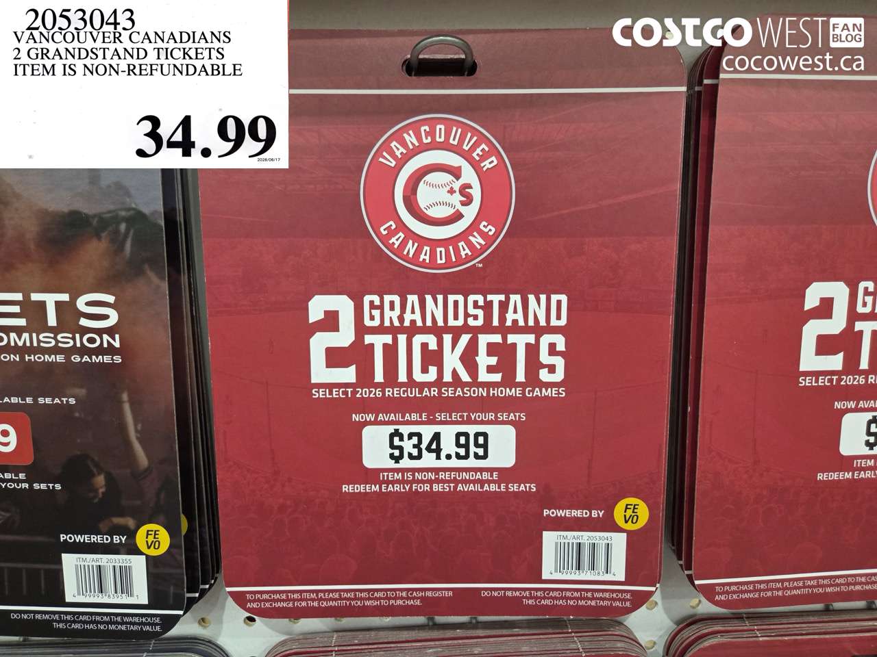 2053043 VANCOUVER CANADIANS 2 GRANDSTAND TICKETS ITEM IS NON-REFUNDABLE $34.99