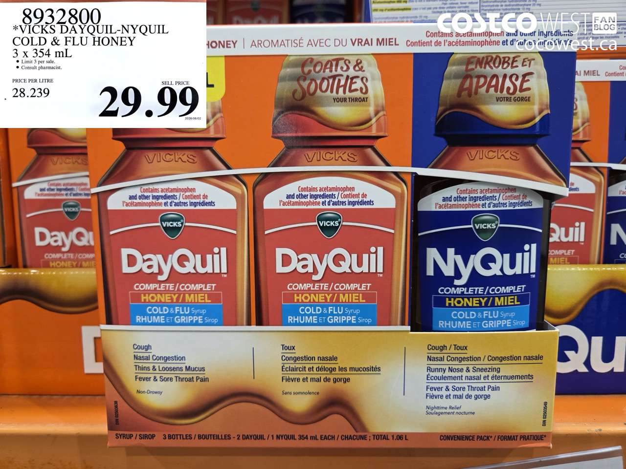 8932800 VICKS DAYQUIL-NYQUIL COLD & FLU HONEY 3 X 354 ML $29.99