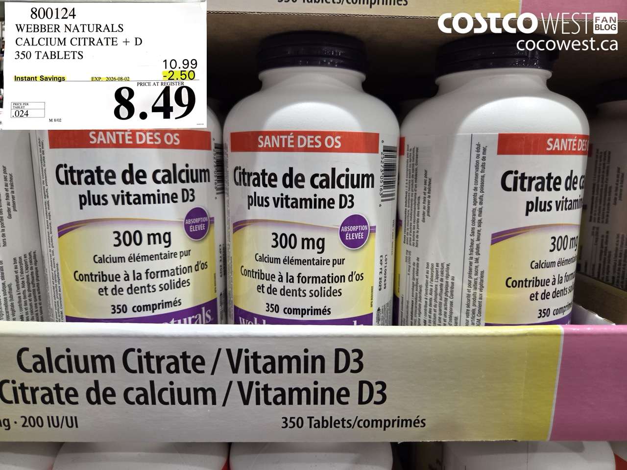 800124 WEBBER NATURALS CALCIUM CITRATE + D 350 TABLETS ($2.50 INSTANT SAVINGS EXPIRES ON 2026-08-02) $8.49