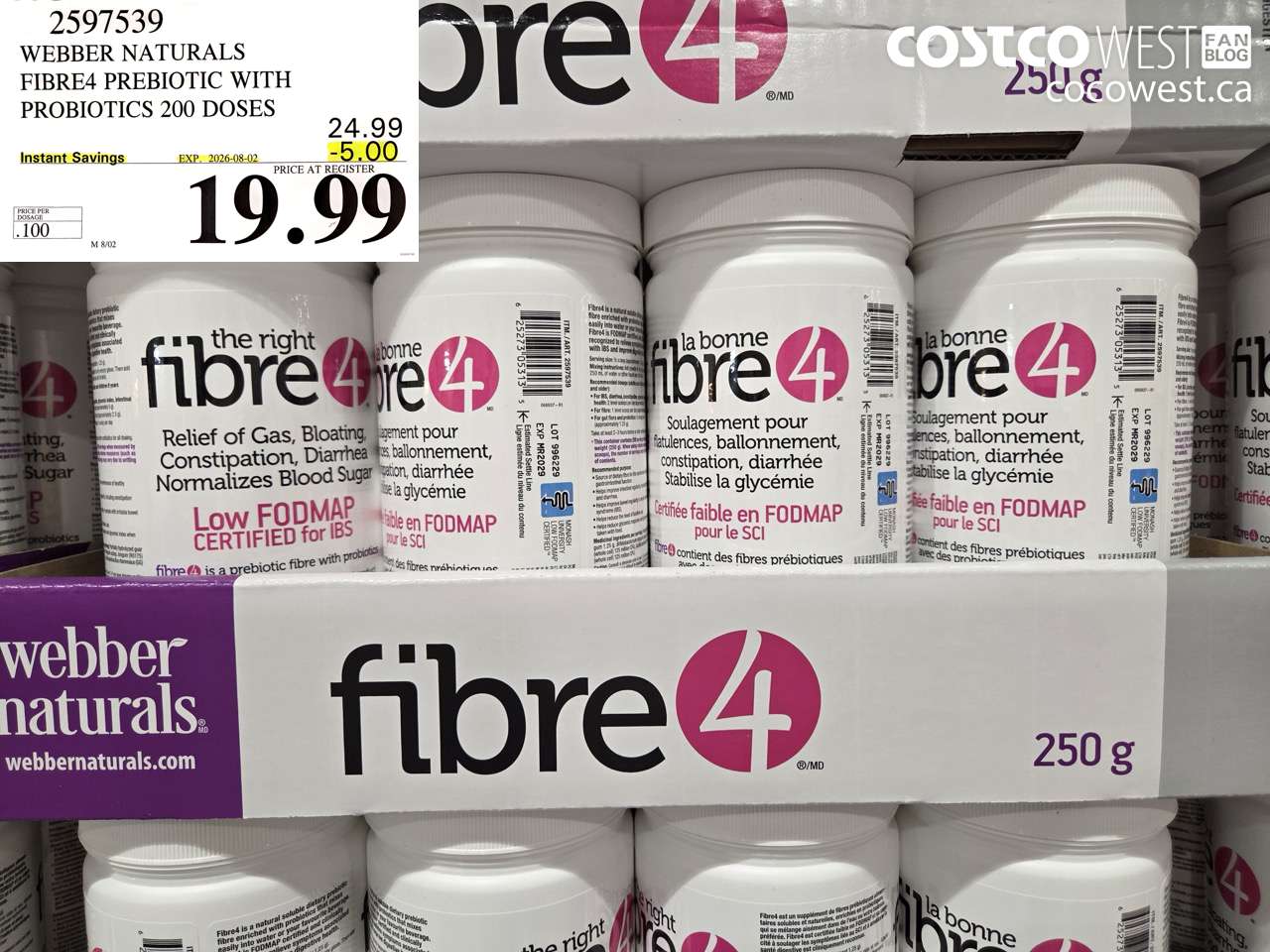 2597539 WEBBER NATURALS FIBRE4 PREBIOTIC WITH PROBIOTICS 200 DOSES ($5.00 INSTANT SAVINGS EXPIRES ON 2026-08-02) $19.99
