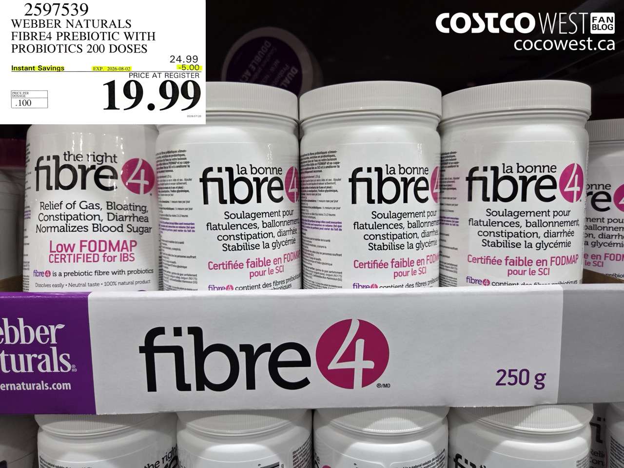 2597539 WEBBER NATURALS FIBRE4 PREBIOTIC WITH PROBIOTICS 200 DOSES ($5.00 INSTANT SAVINGS EXPIRES ON 2026-08-02) $19.99