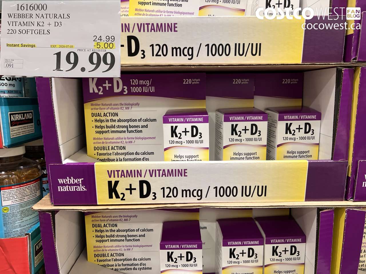 1616000 WEBBER NATURALS VITAMIN K2 + D3 220 SOFTGELS ($5.00 INSTANT SAVINGS EXPIRES ON 2026-07-05) $19.99