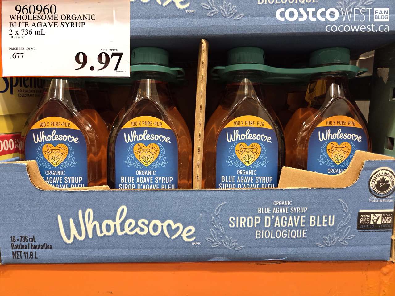 960960 WHOLESOME ORGANIC BLUE AGAVE SYRUP 2 X 736 ML $9.97