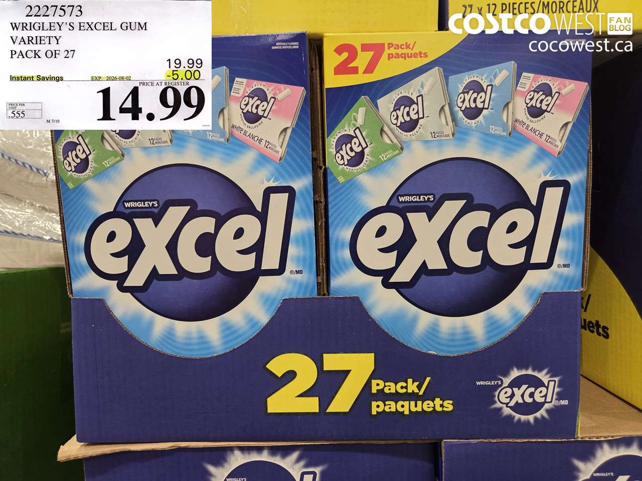 2227573 WRIGLEY'S EXCEL GUM VARIETY PACK OF 27 ($5.00 INSTANT SAVINGS EXPIRES ON 2026-08-02) $14.99