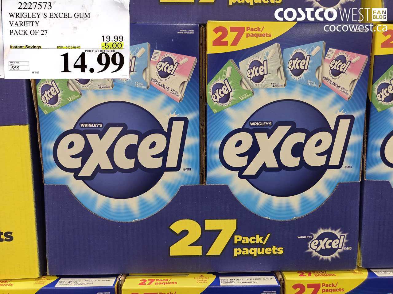 2227573 WRIGLEY'S EXCEL GUM VARIETY PACK OF 27 ($5.00 INSTANT SAVINGS EXPIRES ON 2026-08-02) $14.99