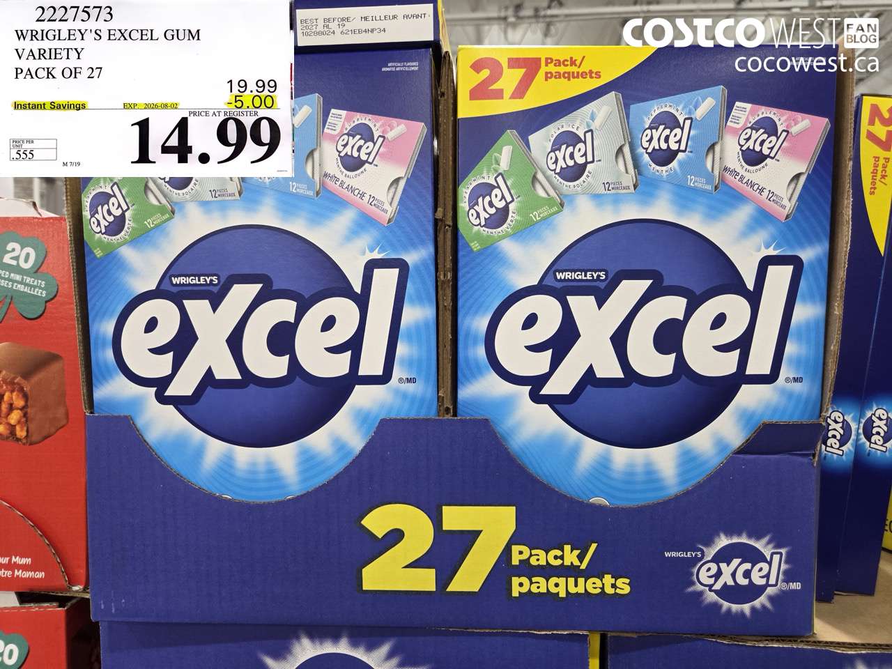 2227573 WRIGLEY'S EXCEL GUM VARIETY PACK OF 27 ($5.00 INSTANT SAVINGS EXPIRES ON 2026-08-02) $14.99