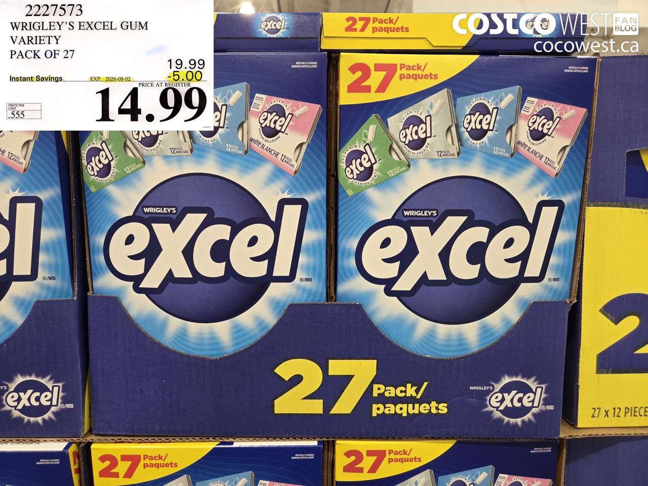 2227573 WRIGLEY'S EXCEL GUM VARIETY PACK OF 27 ($5.00 INSTANT SAVINGS EXPIRES ON 2026-08-02) $14.99