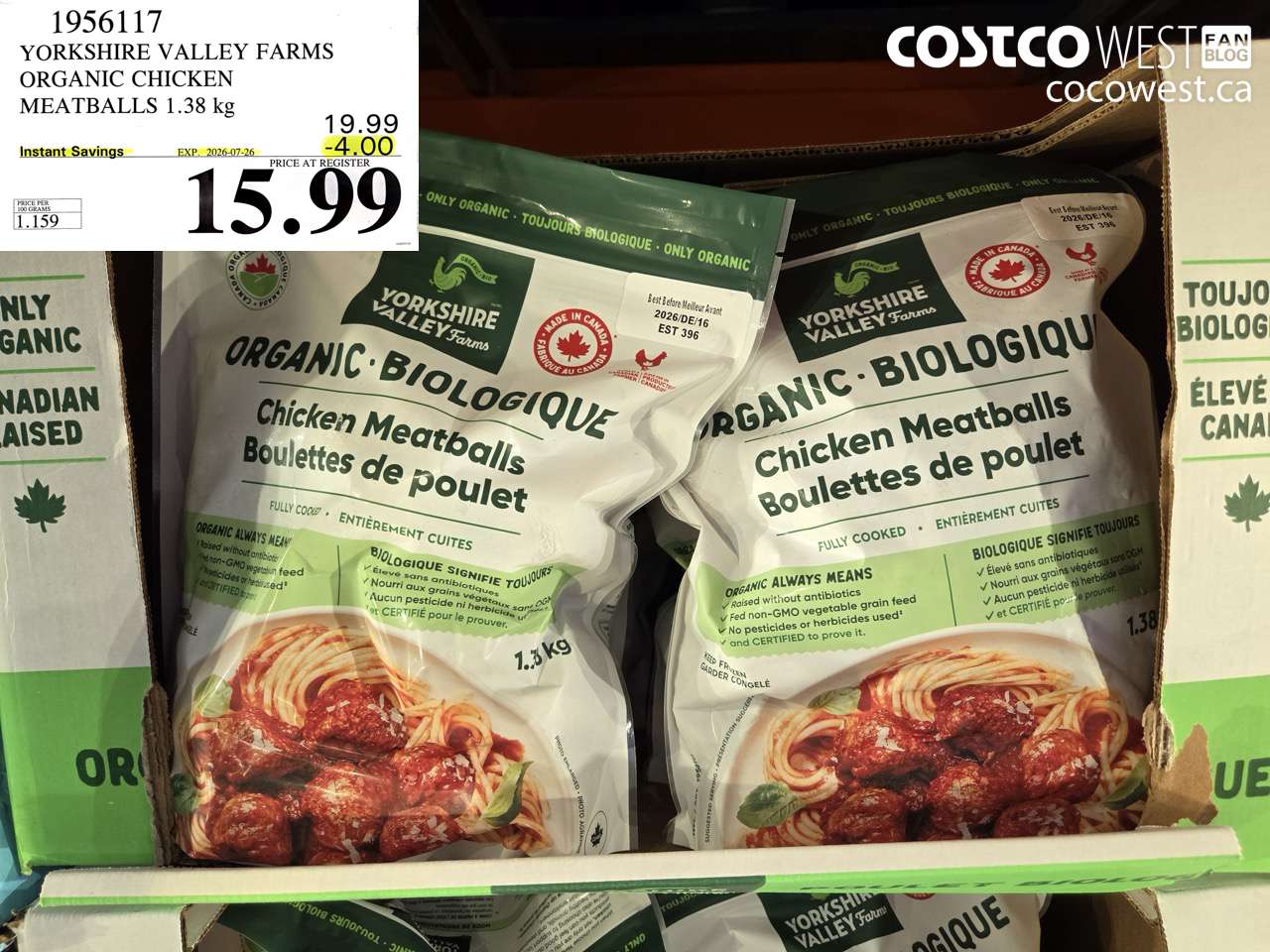 1956117 YORKSHIRE VALLEY FARMS ORGANIC CHICKEN MEATBALLS 1.38 KG ($4.00 INSTANT SAVINGS EXPIRES ON 2026-07-26) $15.99