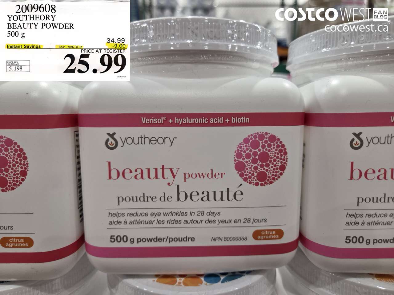 2009608 YOUTHEORY BEAUTY POWDER 500 G ($9.00 INSTANT SAVINGS EXPIRES ON 2026-08-02) $25.99