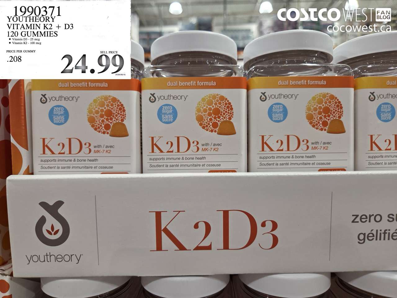 1990371 YOUTHEORY VITAMIN K2 + D3 120 GUMMIES $24.99