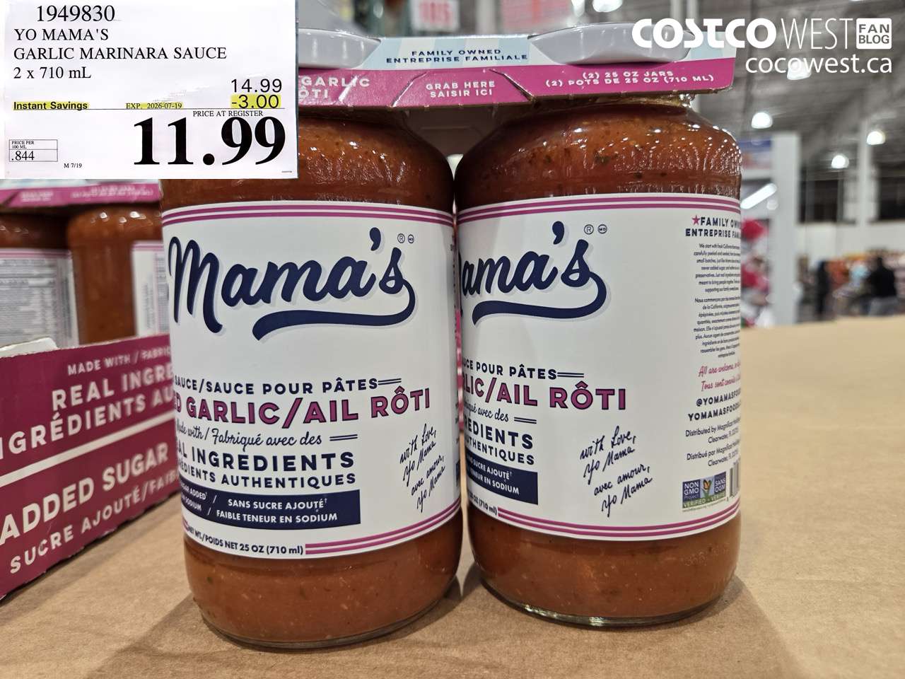 1949830 YO MAMA'S GARLIC MARINARA SAUCE 2 X 710 ML ($3.00 INSTANT SAVINGS EXPIRES ON 2026-07-19) $11.99