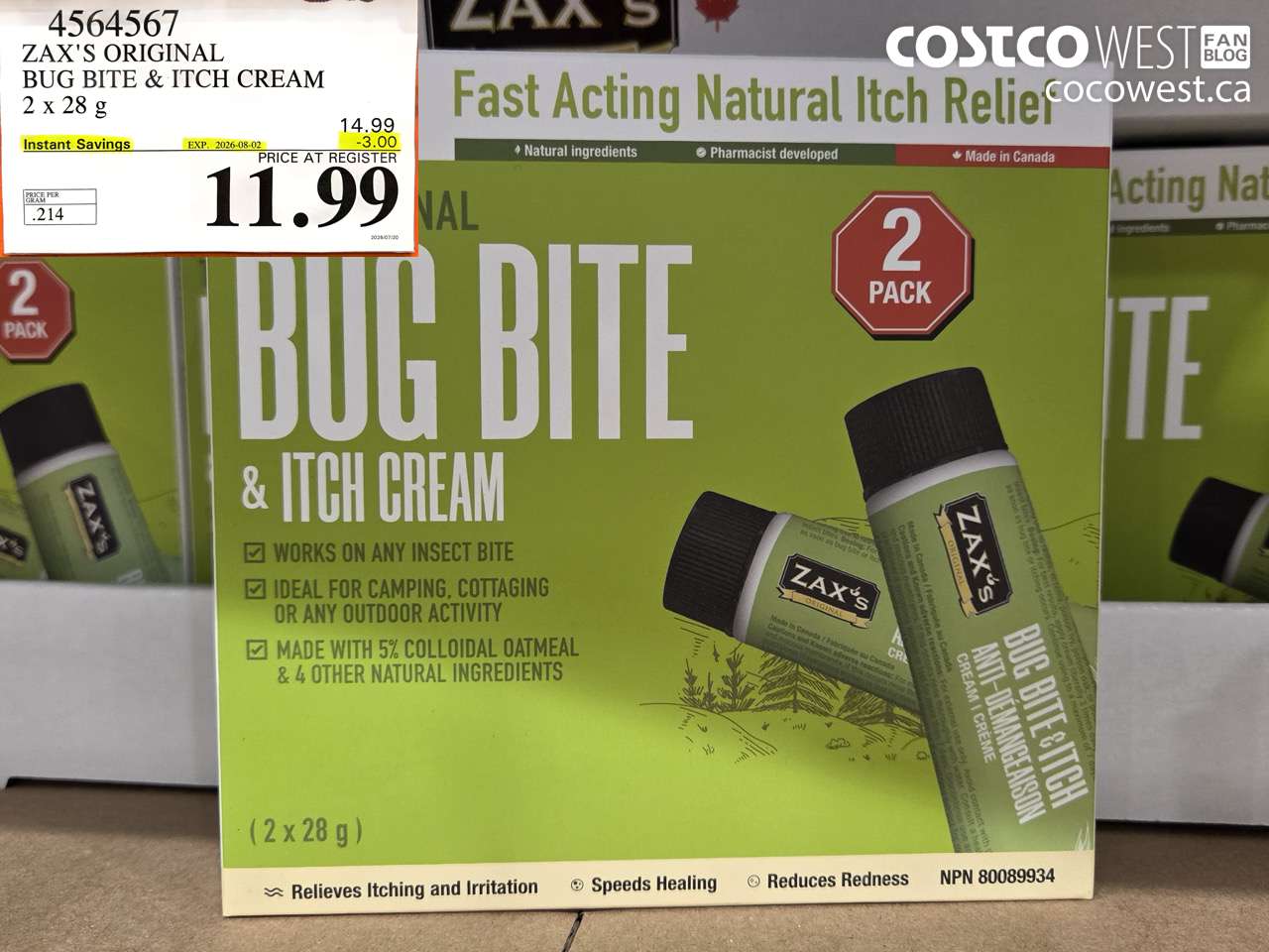 4564567 ZAX'S ORIGINAL BUG BITE & ITCH CREAM 2 X 28 G ($3.00 INSTANT SAVINGS EXPIRES ON 2026-08-02) $11.99