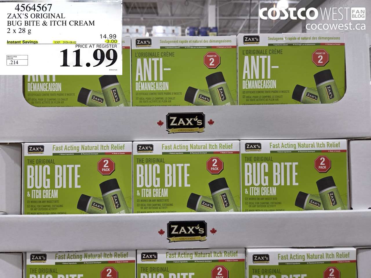 4564567 ZAX'S ORIGINAL BUG BITE & ITCH CREAM 2 X 28 G ($3.00 INSTANT SAVINGS EXPIRES ON 2026-08-02) $11.99