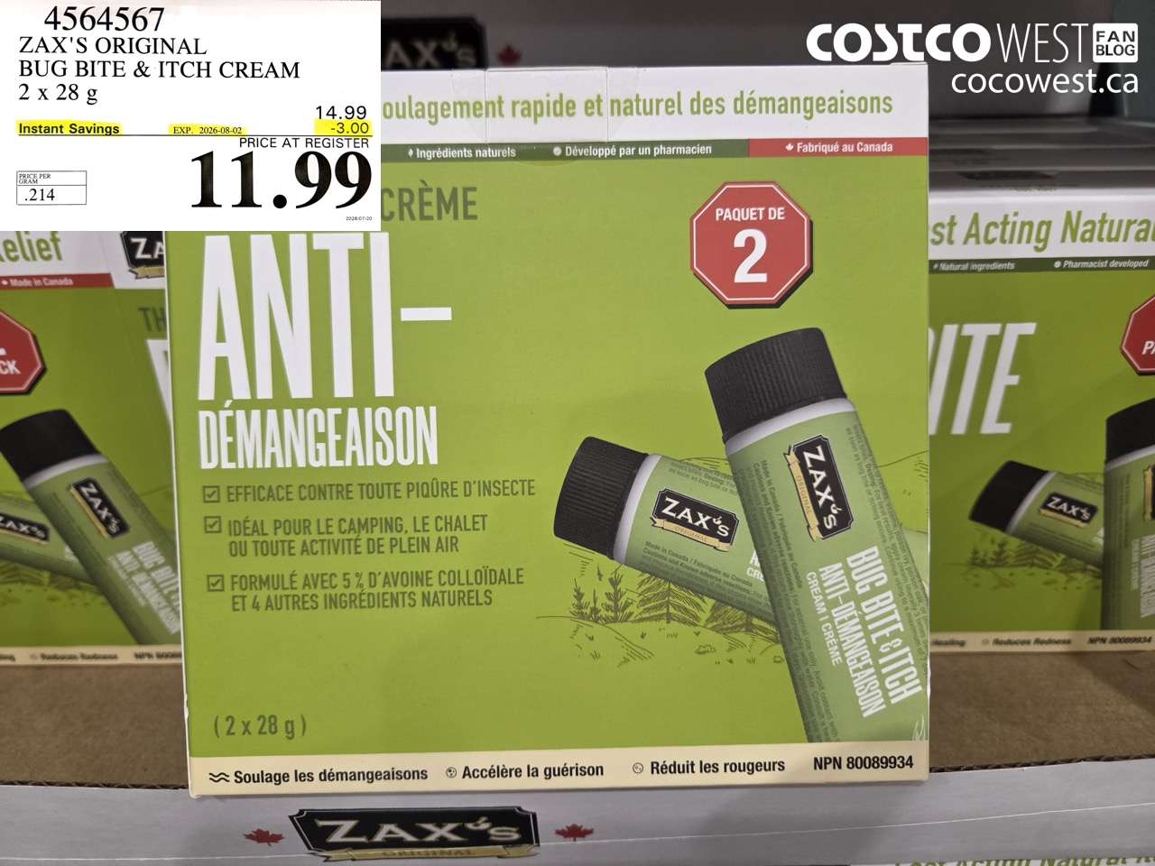4564567 ZAX'S ORIGINAL BUG BITE & ITCH CREAM 2 X 28 G ($3.00 INSTANT SAVINGS EXPIRES ON 2026-08-02) $11.99