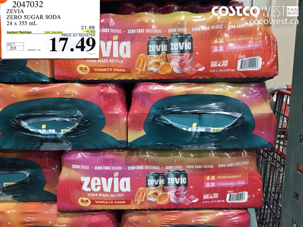 2047032 ZEVIA ZERO SUGAR SODA 24 X 355 ML ($4.50 INSTANT SAVINGS EXPIRES ON 2026-08-02) $17.49