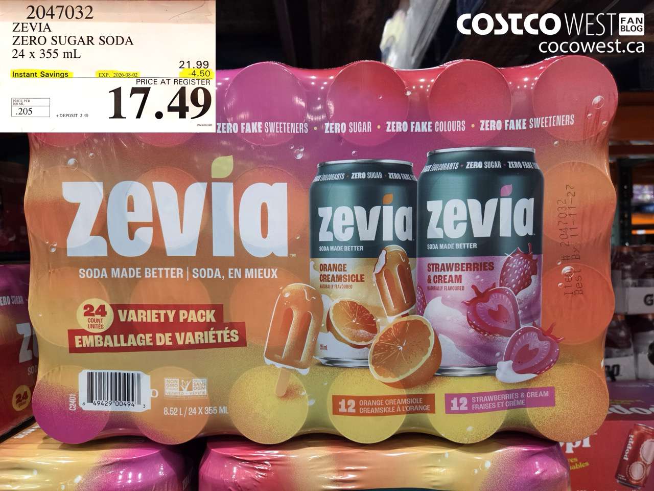 2047032 ZEVIA ZERO SUGAR SODA 24 X 355 ML ($4.50 INSTANT SAVINGS EXPIRES ON 2026-08-02) $17.49