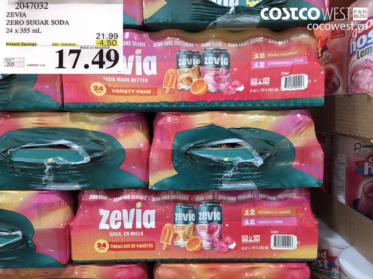 2047032 ZEVIA ZERO SUGAR SODA 24 X 355 ML ($4.50 INSTANT SAVINGS EXPIRES ON 2026-08-02) $17.49