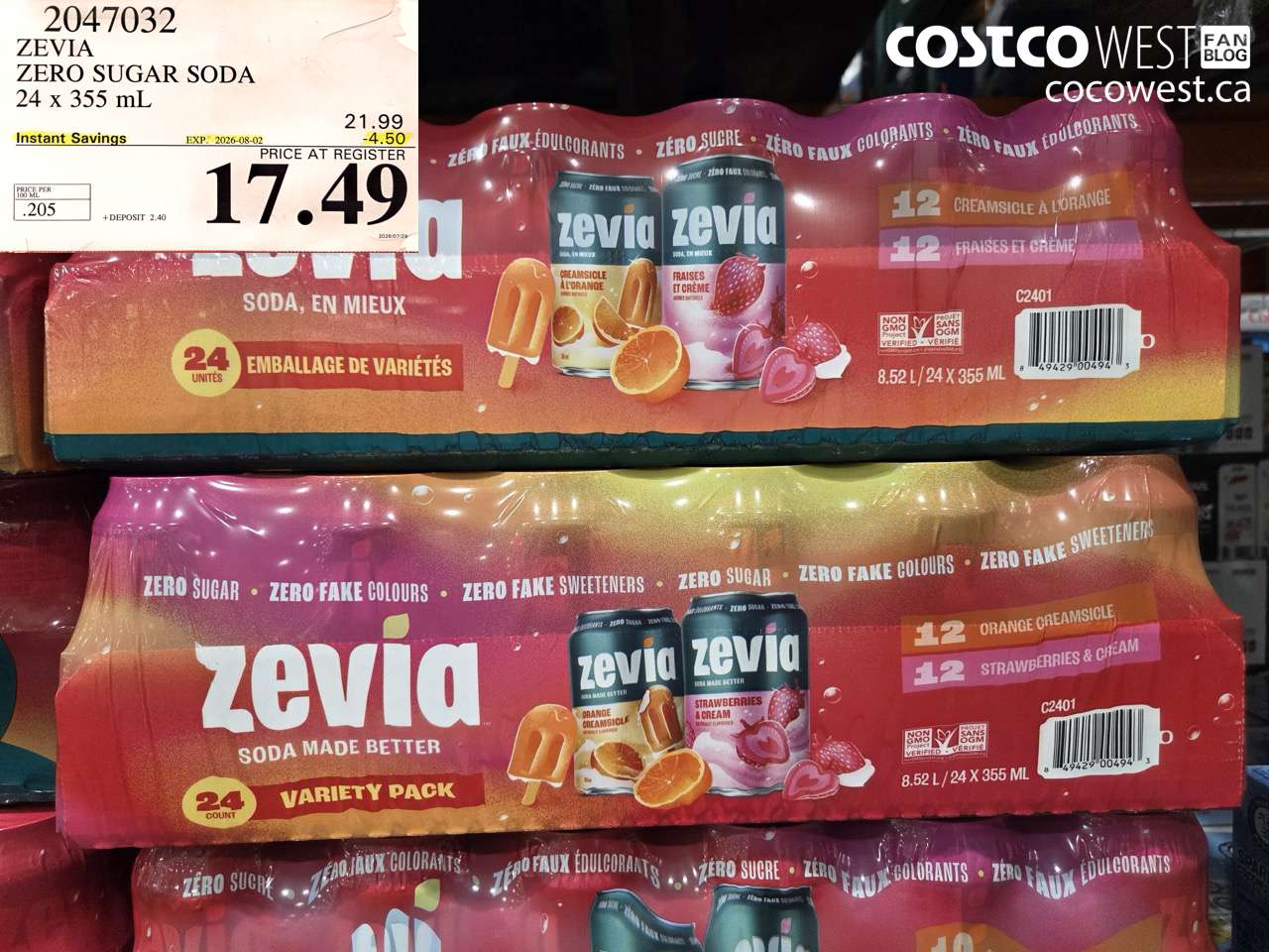 2047032 ZEVIA ZERO SUGAR SODA 24 X 355 ML ($4.50 INSTANT SAVINGS EXPIRES ON 2026-08-02) $17.49