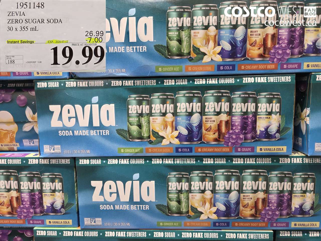 1951148 ZEVIA ZERO SUGAR SODA 30 X 355 ML ($7.00 INSTANT SAVINGS EXPIRES ON 2026-07-12) $19.99