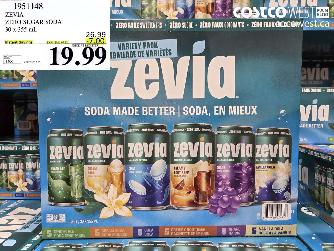 1951148 ZEVIA ZERO SUGAR SODA 30 X 355 ML ($7.00 INSTANT SAVINGS EXPIRES ON 2026-07-12) $19.99