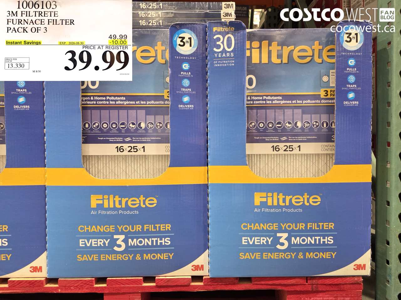 1006103 3M FILTRETE FURNACE FILTER PACK OF 3 ($10.00 INSTANT SAVINGS EXPIRES ON 2026-08-30) $39.99