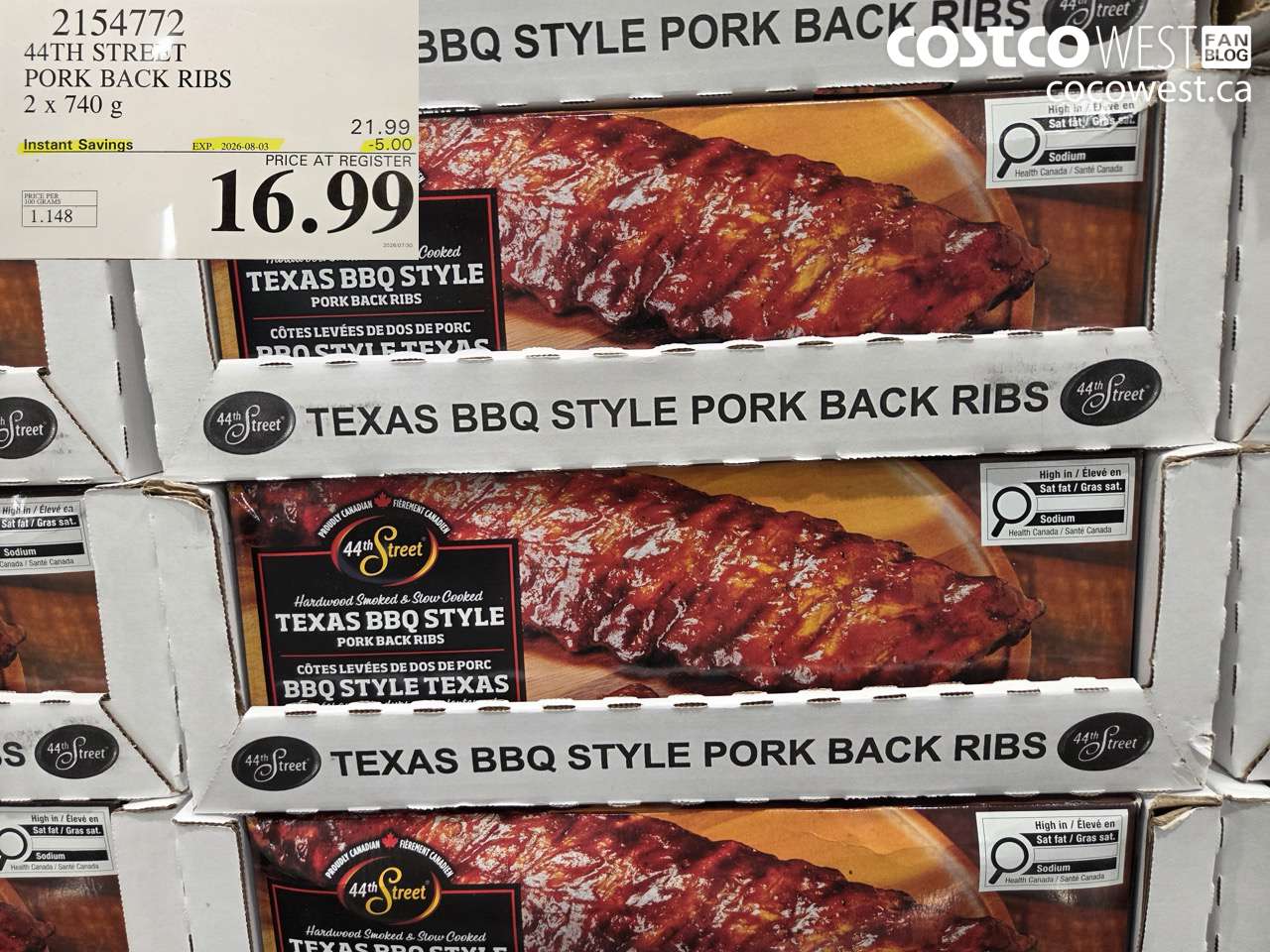 2154772 44TH STREET PORK BACK RIBS 2 X 740 G ($5.00 INSTANT SAVINGS EXPIRES ON 2026-08-03) $16.99
