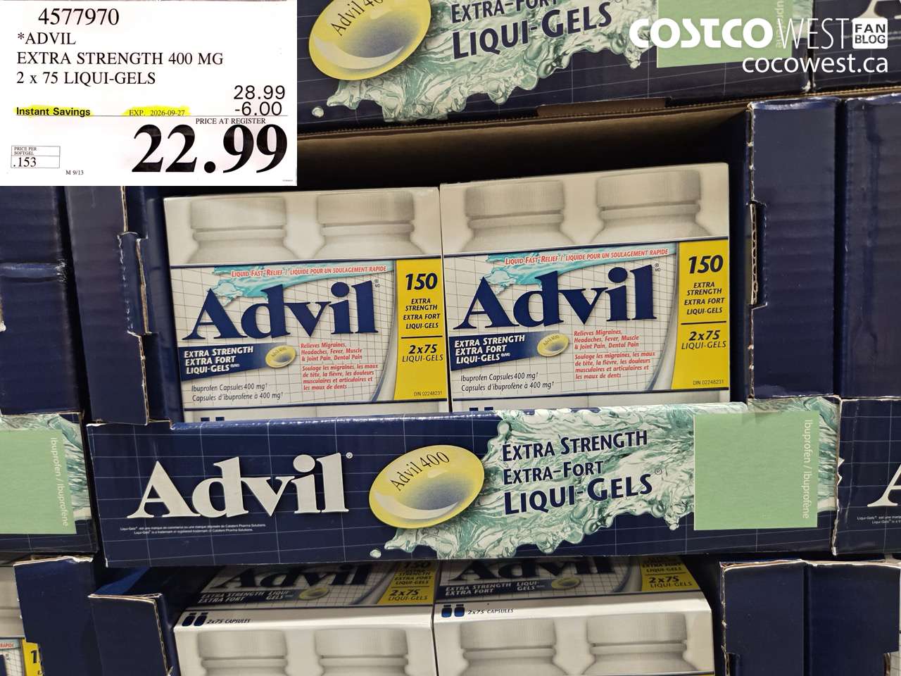 4577970 ADVIL EXTRA STRENGTH 400 MG 2 X 75 LIQUI-GELS ($6.00 INSTANT SAVINGS EXPIRES ON 2026-09-27) $22.99
