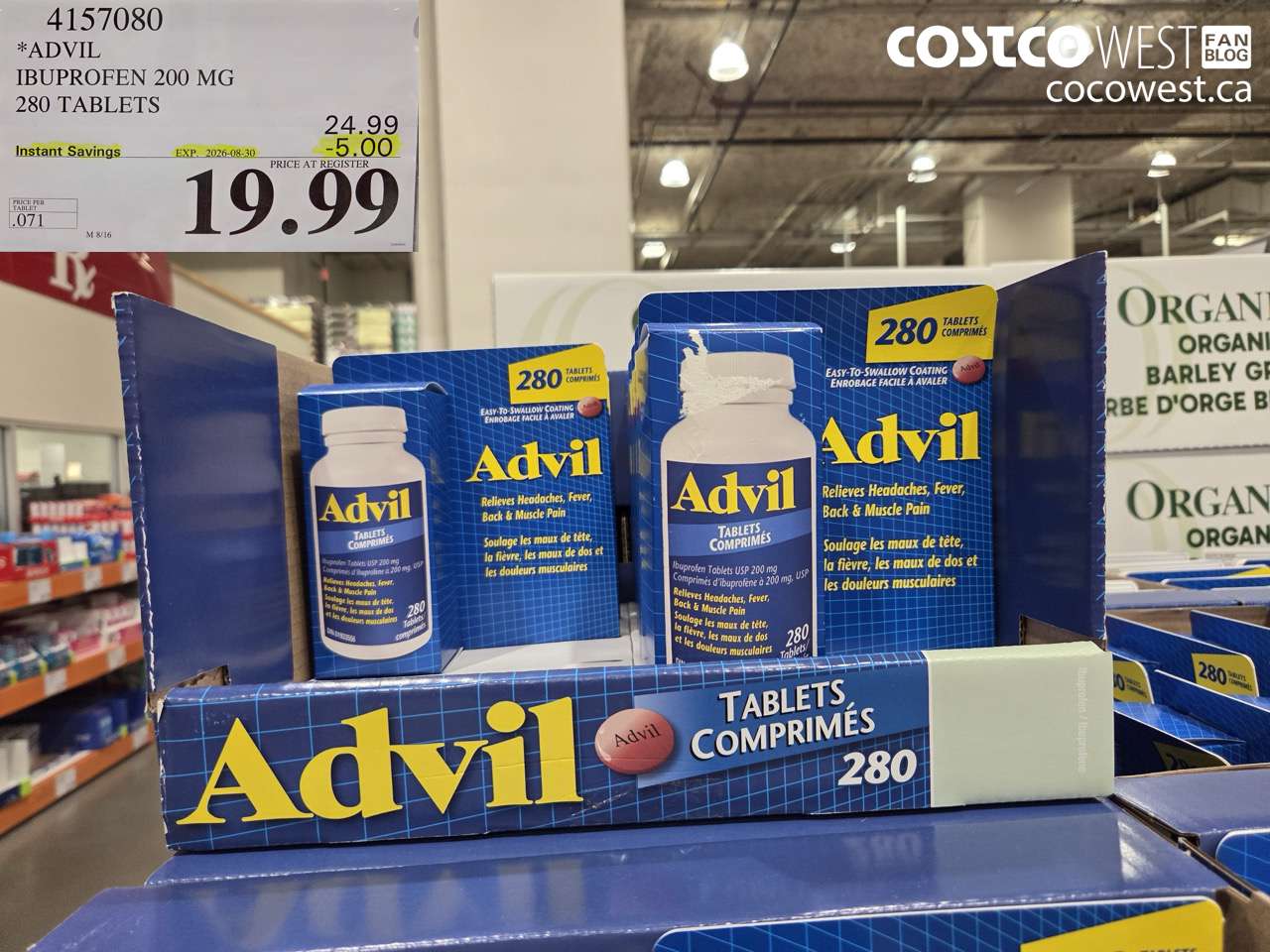 4157080 ADVIL IBUPROFEN 200 MG 280 TABLETS ($5.00 INSTANT SAVINGS EXPIRES ON 2026-08-30) $19.99