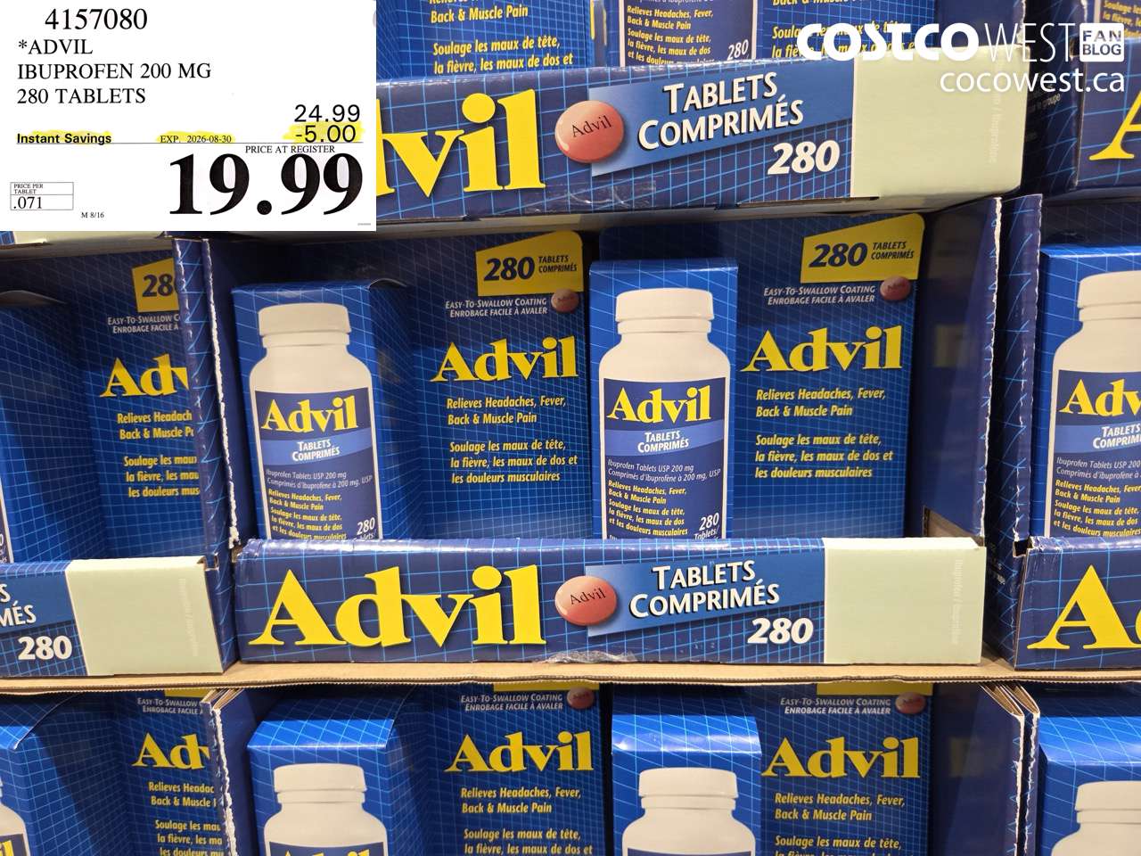 4157080 ADVIL IBUPROFEN 200 MG 280 TABLETS ($5.00 INSTANT SAVINGS EXPIRES ON 2026-08-30) $19.99