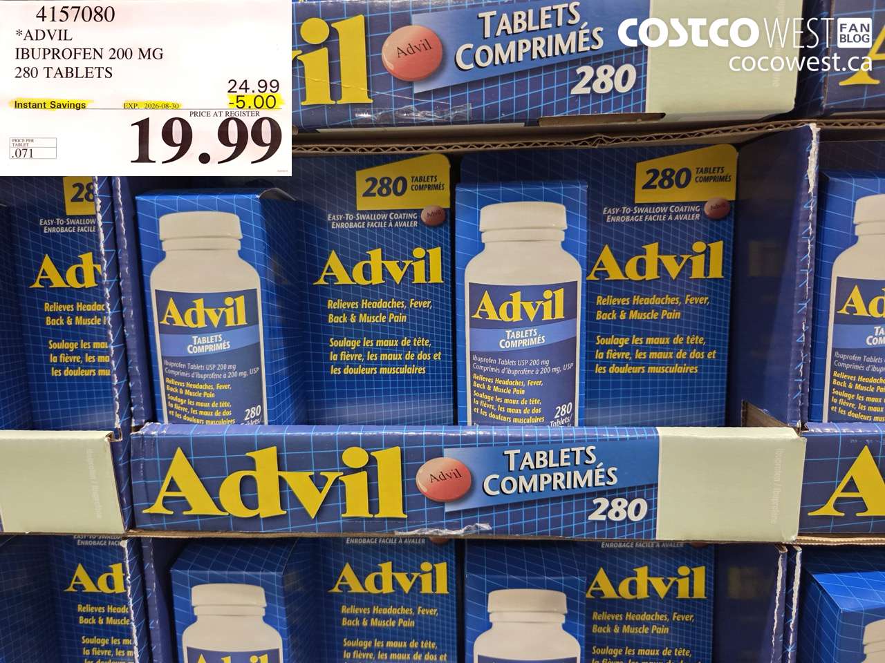 4157080 ADVIL IBUPROFEN 200 MG 280 TABLETS ($5.00 INSTANT SAVINGS EXPIRES ON 2026-08-30) $19.99