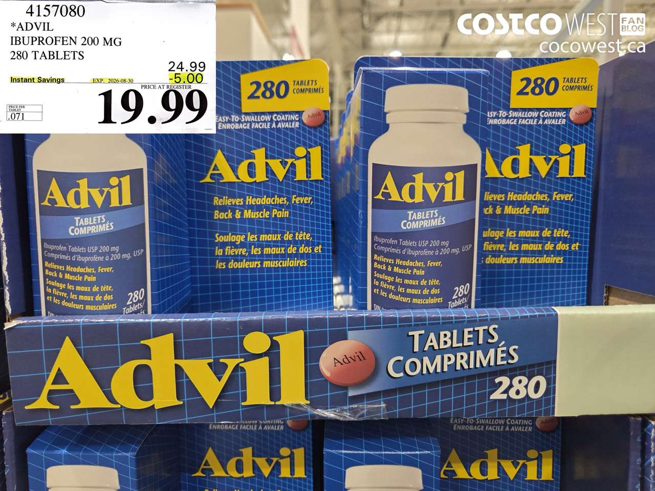 4157080 ADVIL IBUPROFEN 200 MG 280 TABLETS ($5.00 INSTANT SAVINGS EXPIRES ON 2026-08-30) $19.99