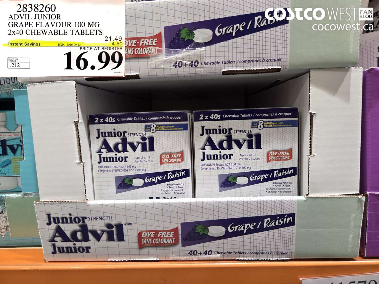 2838260 ADVIL JUNIOR GRAPE FLAVOUR 100 MG 2X40 CHEWABLE TABLETS ($4.50 INSTANT SAVINGS EXPIRES ON 2026-09-13) $16.99